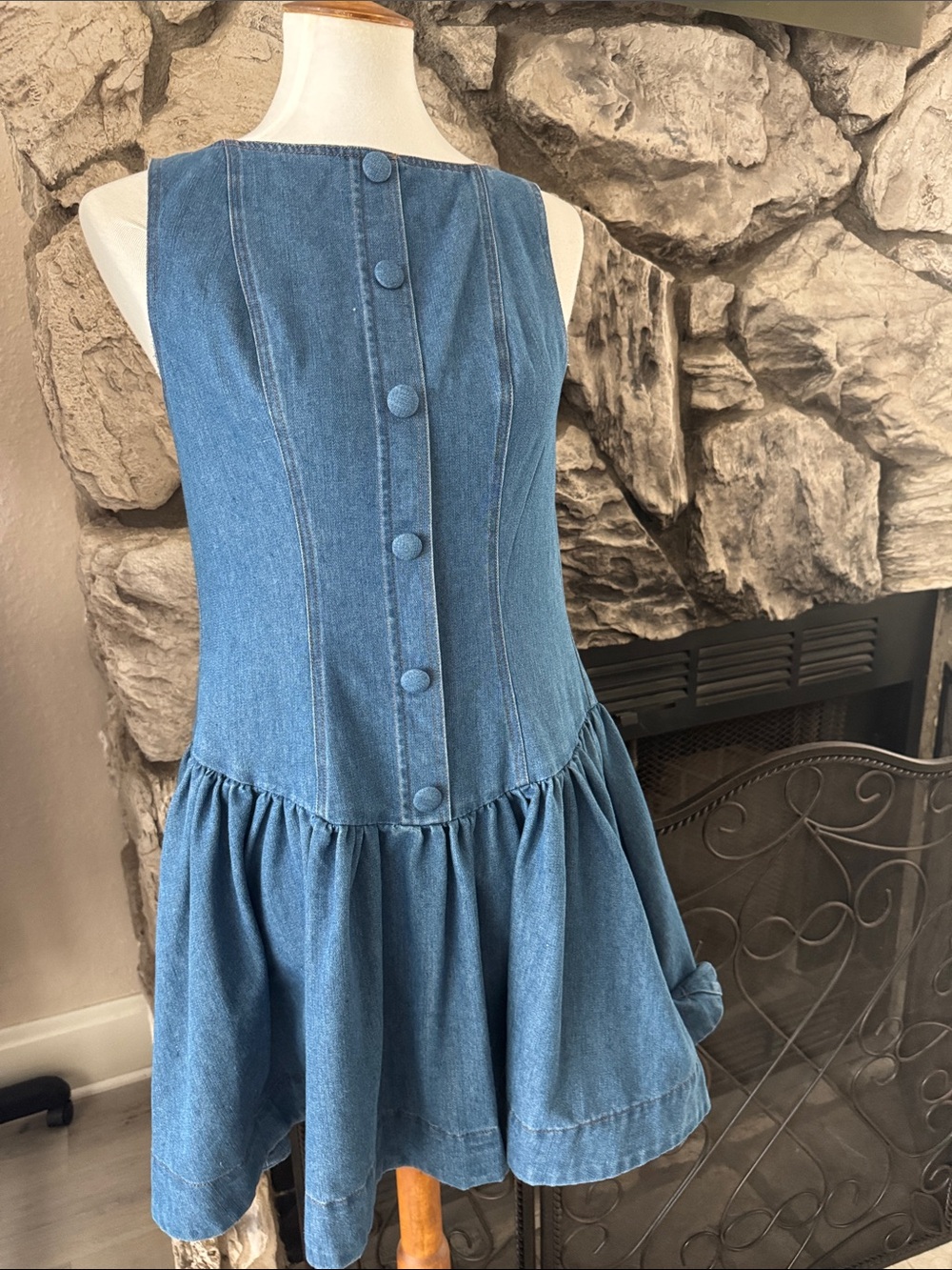 Sleeveless Denim Sundress in Blue - Casual Button Front